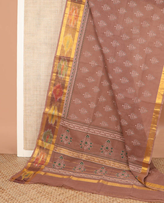 Brown unique motifs printed Andhra cotton saree, ikkat border, and printed pallu