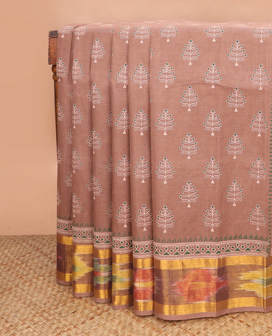Brown unique motifs printed Andhra cotton saree, ikkat border, and printed pallu