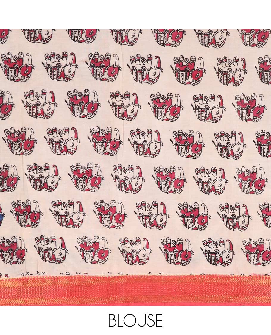 Multi-color elephant motifs machine printed kalamkari cotton saree, contrast traditional zari border, and pallu of peacock motifs