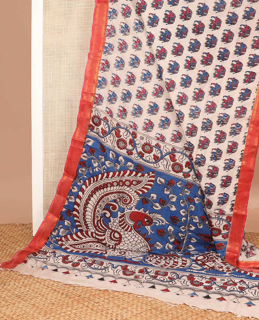 Multi-color elephant motifs machine printed kalamkari cotton saree, contrast traditional zari border, and pallu of peacock motifs
