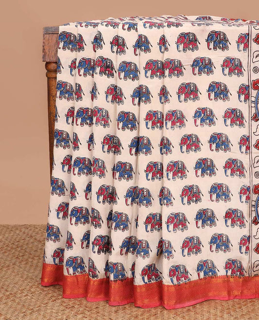 Multi-color elephant motifs machine printed kalamkari cotton saree, contrast traditional zari border, and pallu of peacock motifs