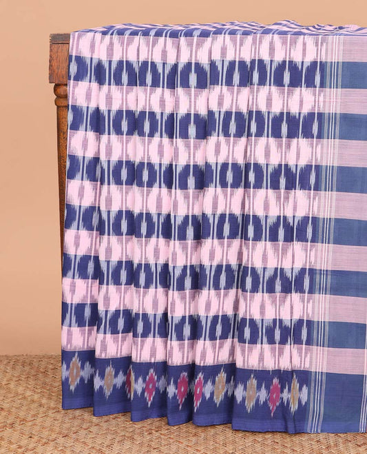 Multi-color striped and ogee patterned ikkat cotton saree, ikkat design border, and ikkat woven pallu