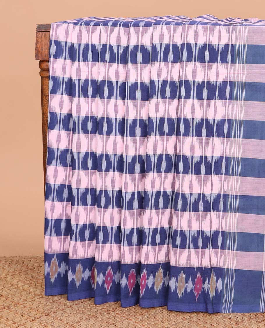 Multi-color striped and ogee patterned ikkat cotton saree, ikkat design border, and ikkat woven pallu