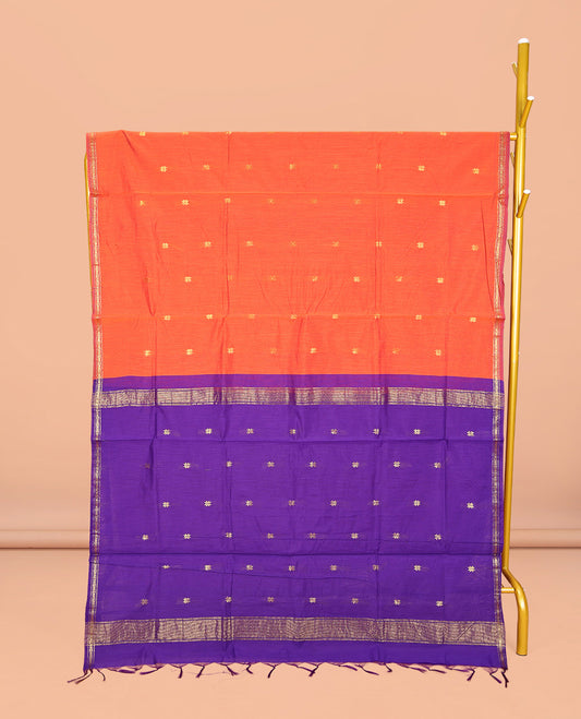 Orange Maheshwari Cotton Saree, Woven with Buttas All Over Its Body, Subtle Zari Piping Border, Complemented by a Contrast Pallu Steeped with Buttas, and Paired with a Contrast Blouse
