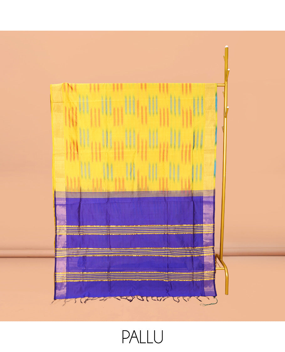 Yellow-Blue Poly Cotton Saree, Subtly Sparkled with Buttas all over its Body, a Subtle Border, Complemented by Contrast Pallu of Stripes, and Paired with a Contrast Blouse