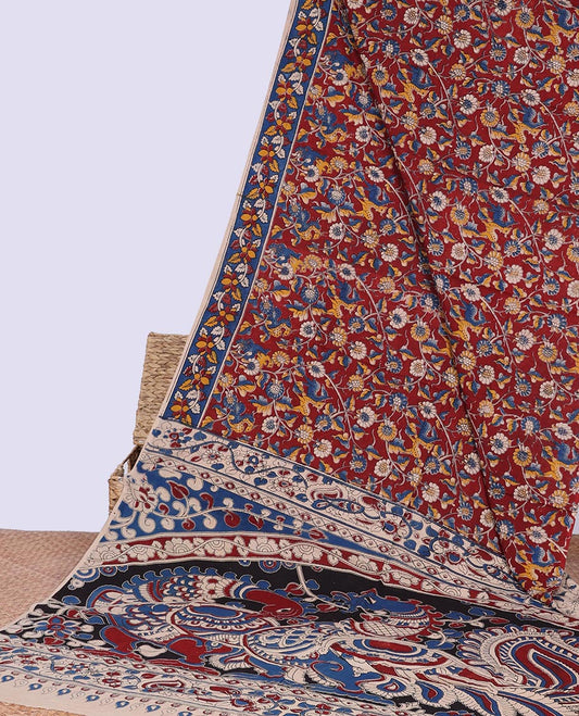 Red floral vine design machine-printed kalamkari cotton saree with contrast floral design border & peacock , floral design pallu