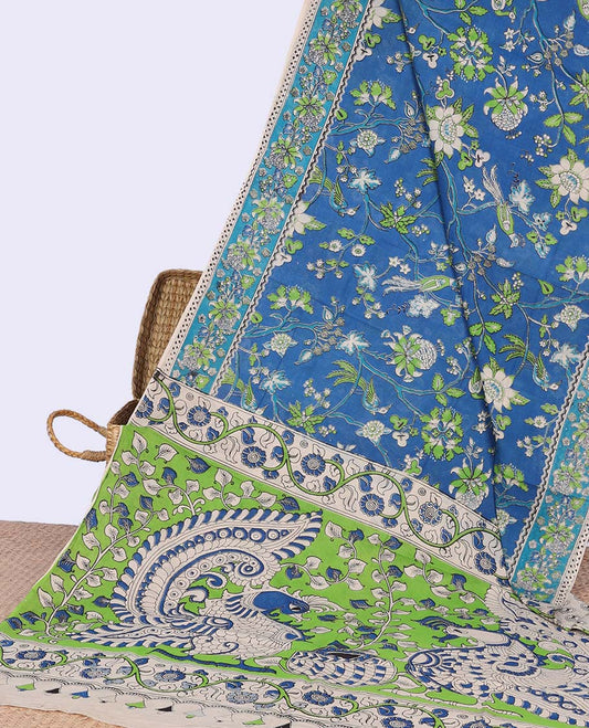 Blue Cream floral vine design machine-printed kalamkari cotton saree with contrast floral border & floral, animal design pallu