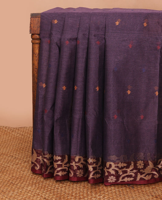 Dark purple buttas Bengal cotton saree, contrast paithani-style floral border & pallu of stripes & buttas