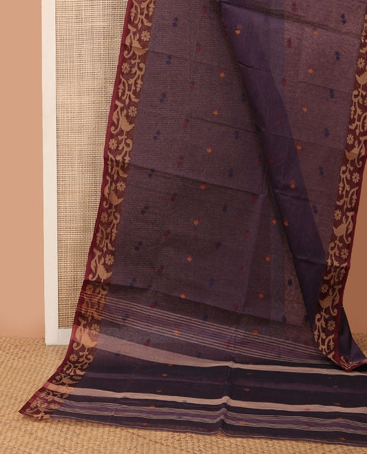 Dark purple buttas Bengal cotton saree, contrast paithani-style floral border & pallu of stripes & buttas