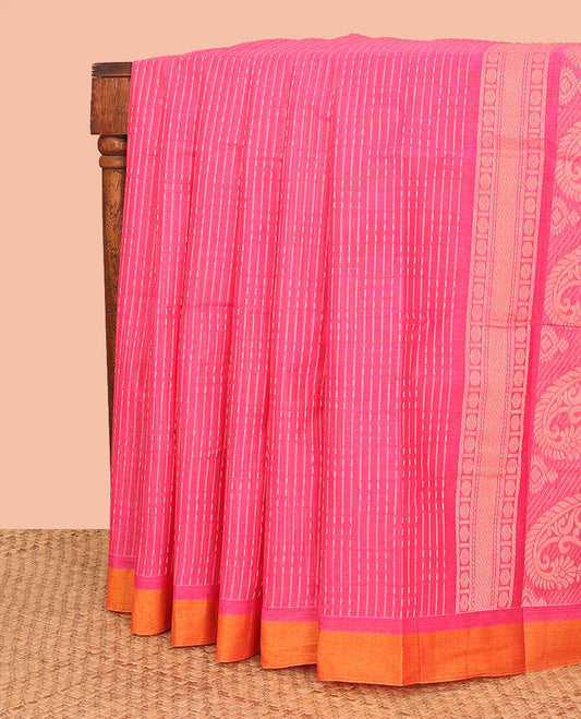 Pink Kanchi Cotton Saree, Delicately Woven with Thread Stripes All Over Its Body, Complemented by Contrast Border, Pallu Featuring Paisley Designs, and Paired with a Matching Blouse
