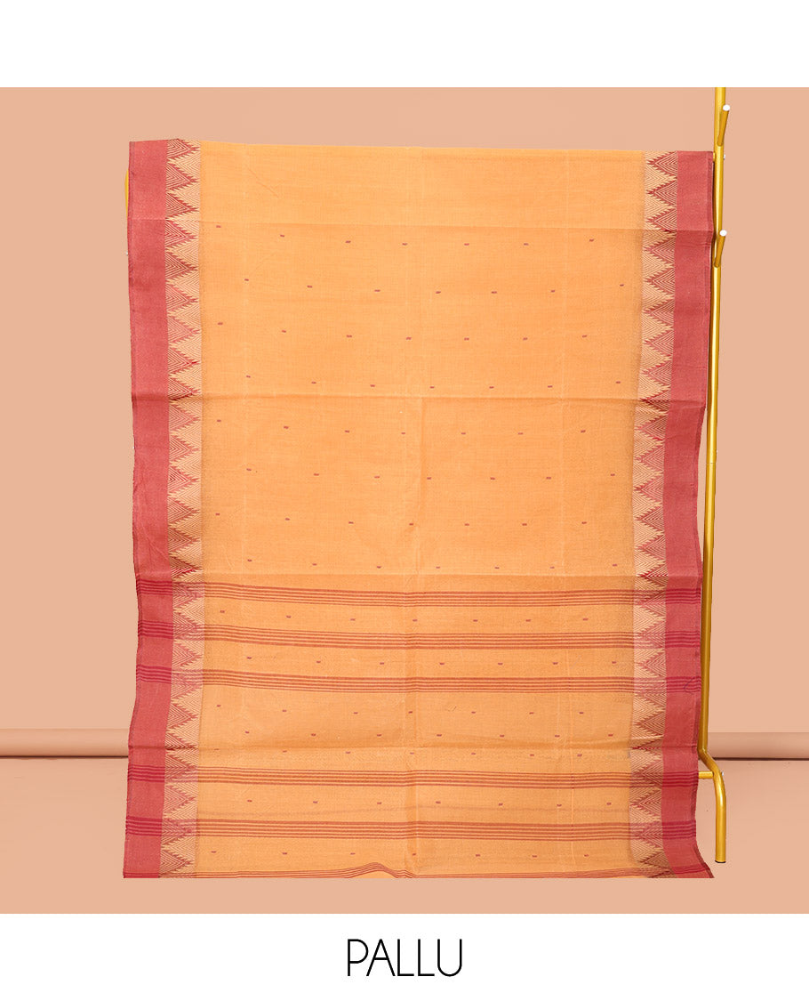 Orange Bengal Cotton Saree, Subtly Woven with Buttas, Contrast Temple Border, Pallu of Stripes, and Matching Blouse