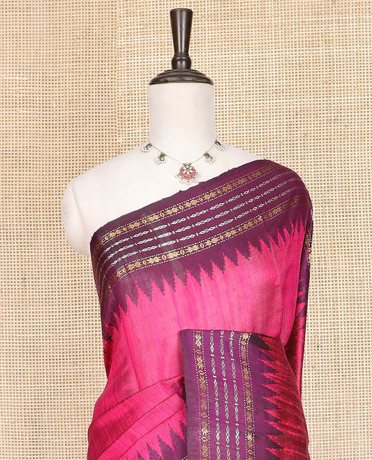 Pink Plain Dupion Silk Saree, Complemented by a Contrast Temple Border of Geometric Patterns in Thread Woven, a Zari-Rich Pallu of Temple Designs, and Paired with a Contrast Blouse