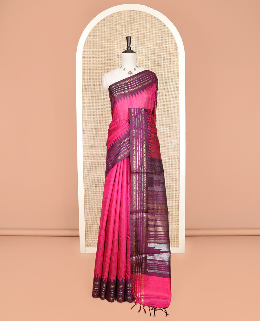 Pink Plain Dupion Silk Saree, Complemented by a Contrast Temple Border of Geometric Patterns in Thread Woven, a Zari-Rich Pallu of Temple Designs, and Paired with a Contrast Blouse