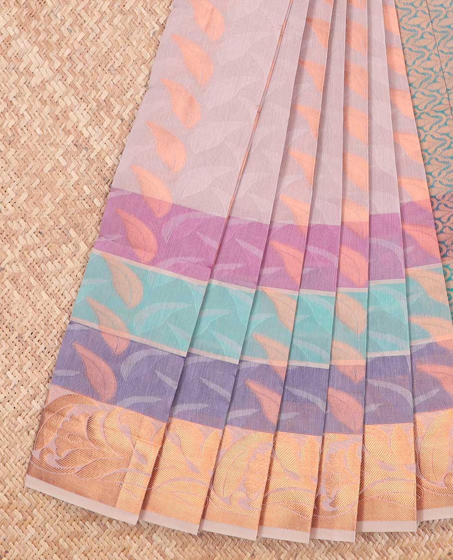 Peach leaf motifs kora cotton saree with contrast zari design border & pallu of intricate zari design