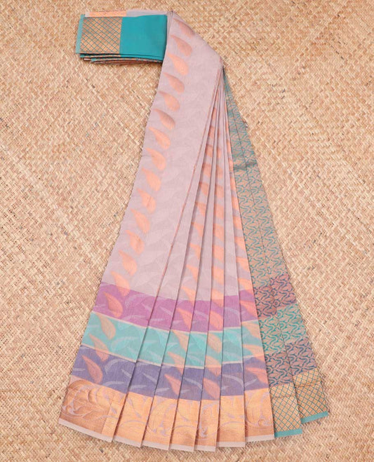 Peach leaf motifs kora cotton saree with contrast zari design border & pallu of intricate zari design