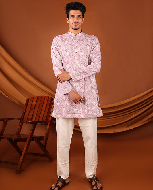 Pale Pink Geometric Design Full-Sleeved Men's Kurta