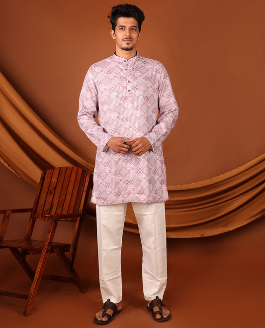 Pale Pink Geometric Design Full-Sleeved Men's Kurta