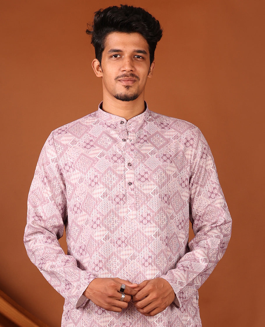 Pale Pink Geometric Design Full-Sleeved Men's Kurta