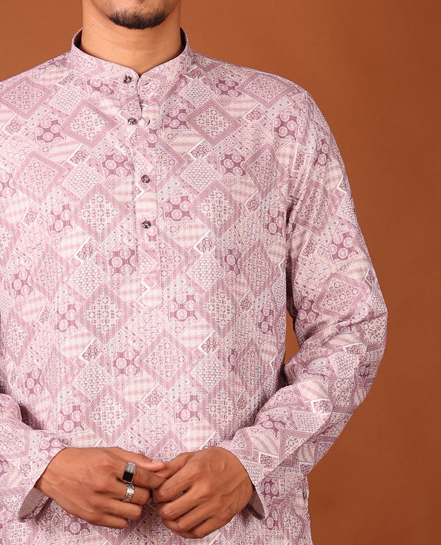 Pale Pink Geometric Design Full-Sleeved Men's Kurta