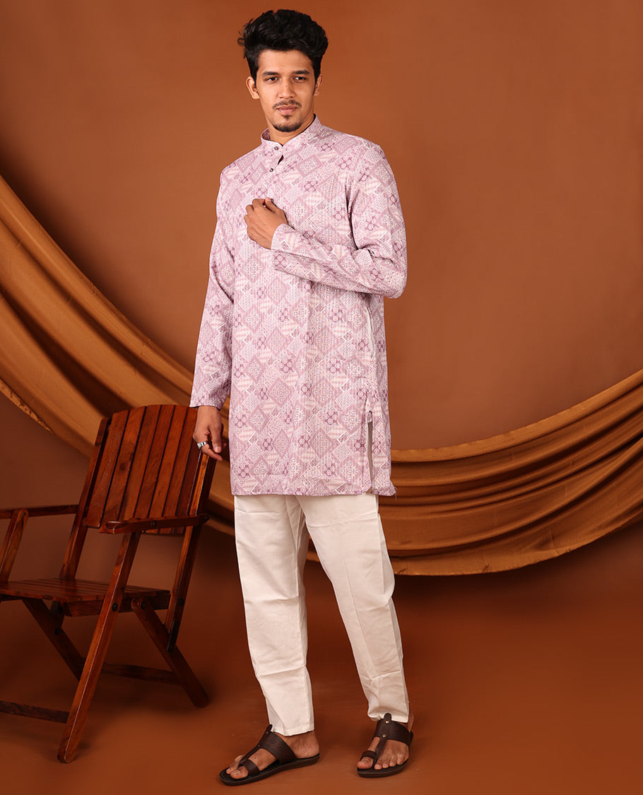 Pale Pink Geometric Design Full-Sleeved Men's Kurta