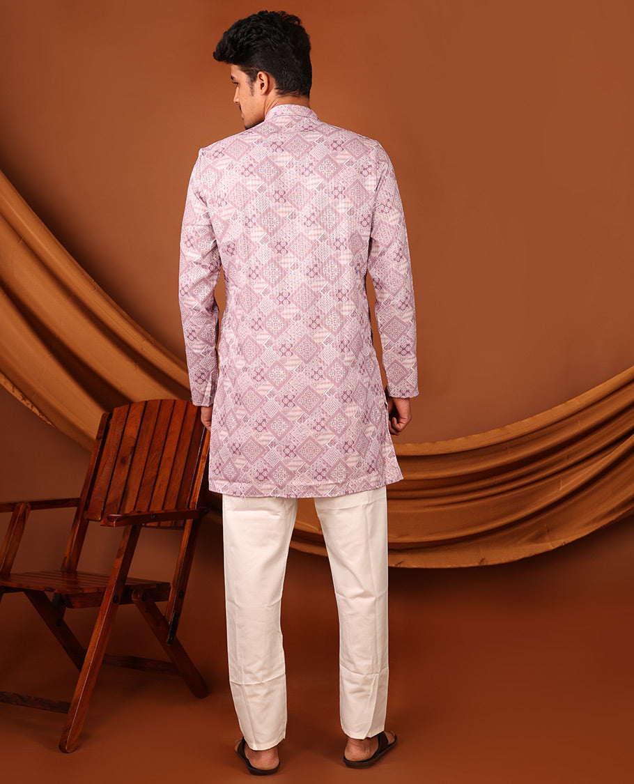 Pale Pink Geometric Design Full-Sleeved Men's Kurta
