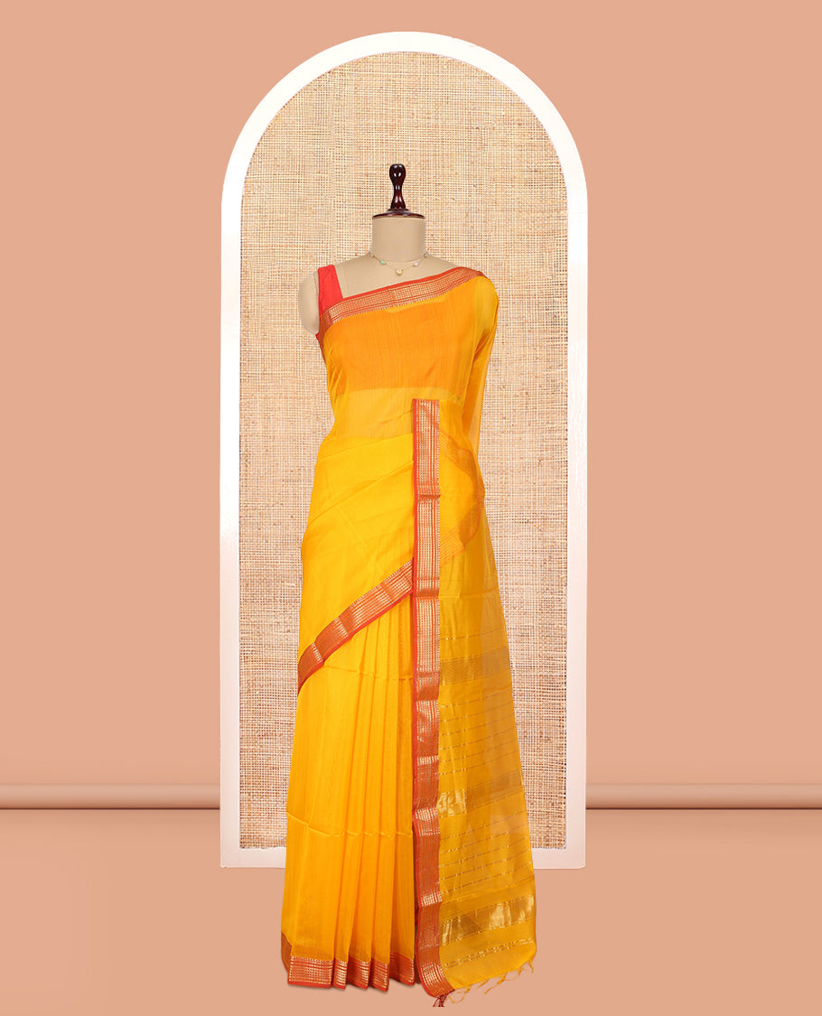 Yellow Plain Maheshwari Cotton Saree, a Contrast Traditional Zari Border, Pallu of Zari Stripes, and a Matching Blouse