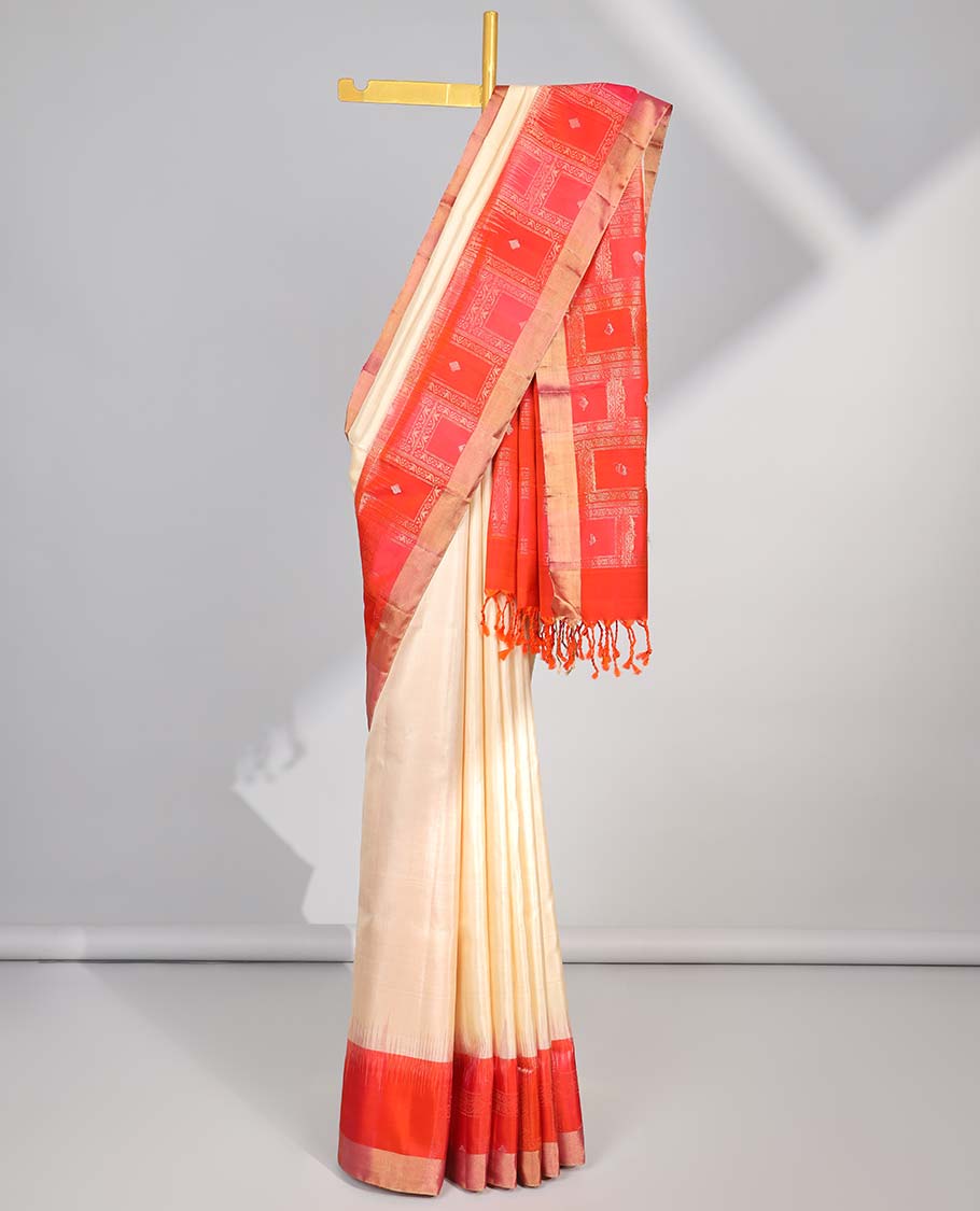 Cream soft silk saree with contrast zari border & geometric zari design pallu
