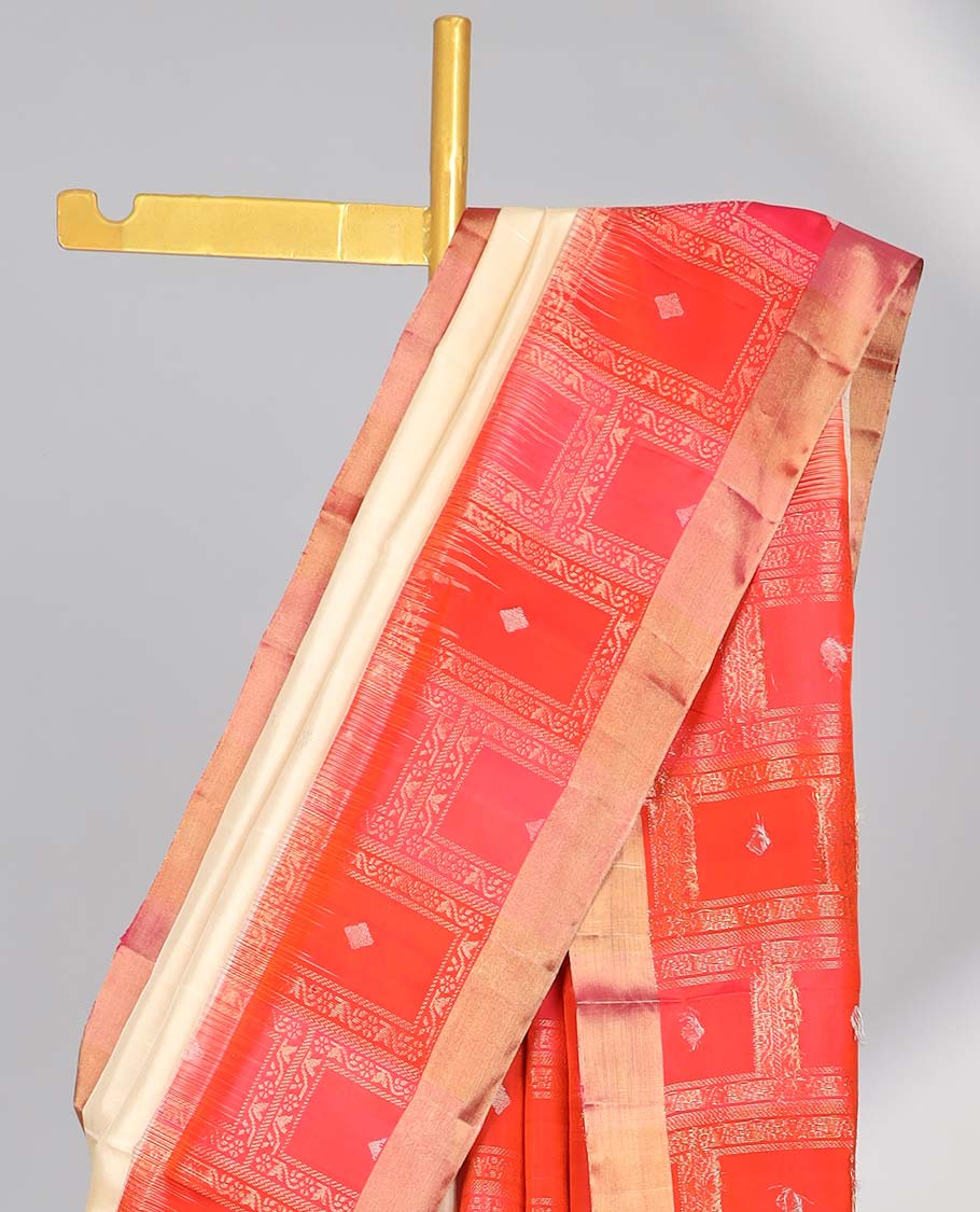 Cream soft silk saree with contrast zari border & geometric zari design pallu
