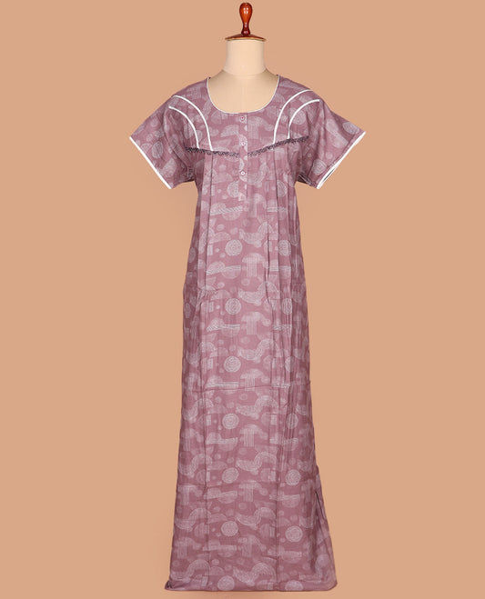 Rosewood pink geometric printed with neck embroidered half-sleeve round neck cotton nighty