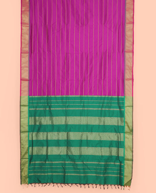 Rani Pink Ten-Yard Art Silk Saree Accentuated with Neli Stripes on Its Body, Complemented by a Contrast Traditional Ara Maadam Border, and Pallu Elevated with Traditional Ara Maadam Designs