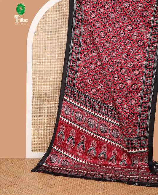 Red ajrakh printed modal silk saree with printed border & ajrakh printed pallu along with printed blouse