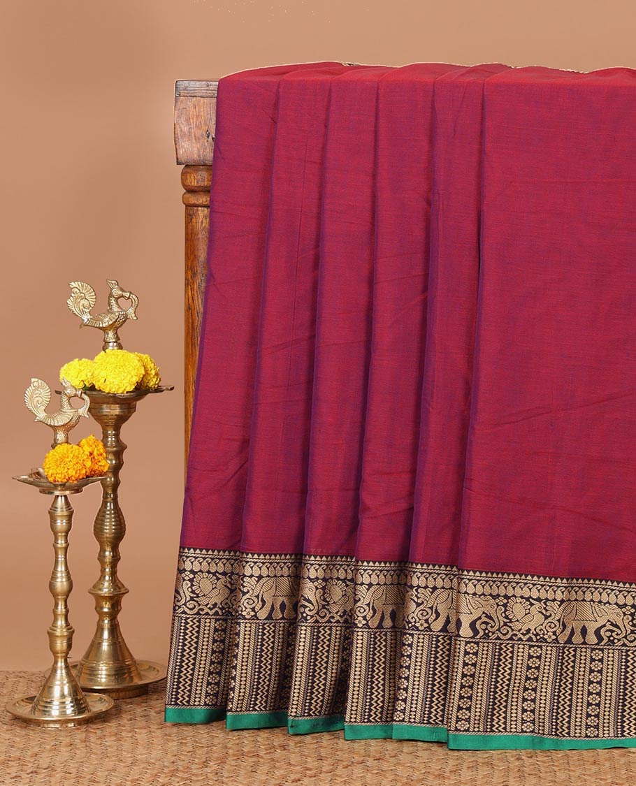 Purple plain masraise cotton saree, contrast border of elephant, peacock & geometric design & lining seer pallu