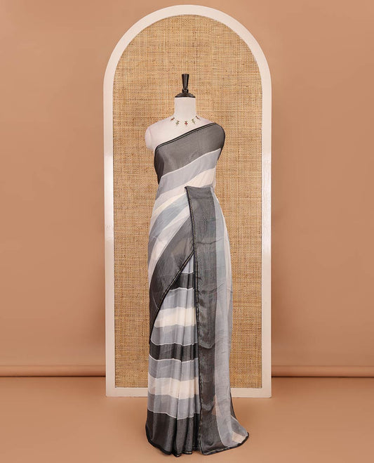 Grey horizontal stripes printed lassi cotton saree, lace border & contrast buttas woven blouse