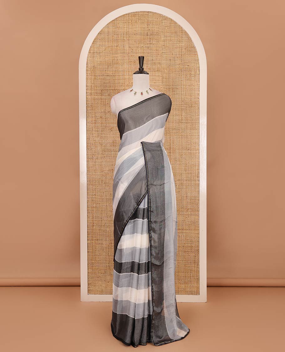 Grey horizontal stripes printed lassi cotton saree, lace border & contrast buttas woven blouse