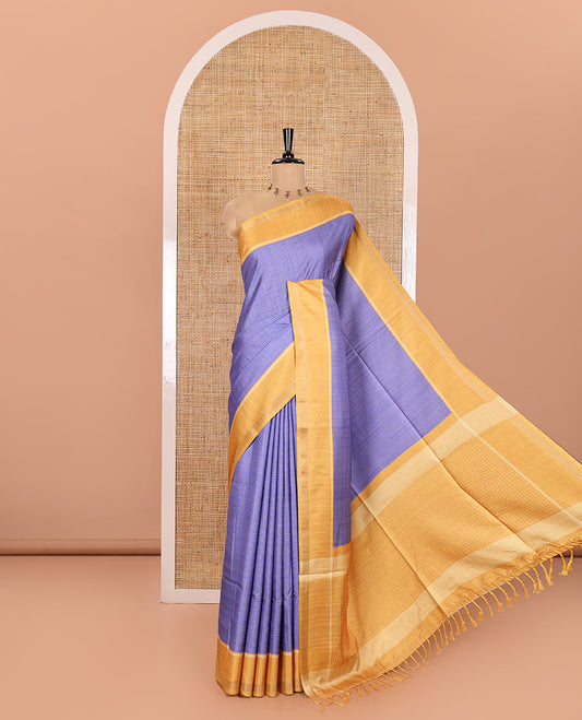 Violet Kanta Silk Saree, Delicately Woven with Dotted Kantha-Stitch Embroidery All Over Its Body,  Complemented by a Contrast Border, Kantha-Stitch Embroidered Pallu, and Paired with a Contrast Blouse