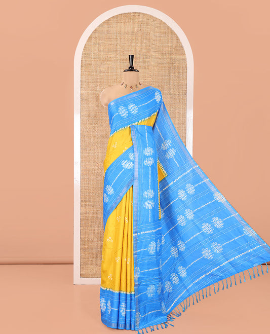 Yellow Manipuri Silk Saree, Adorned with Bandhani Buttas on Its Body, Complemented by a Contrast Border of Shibori Print and Kantha Thread Work, Pallu of Shibori Print, and Paired with a Contrast Blouse