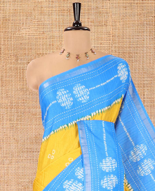 Yellow Manipuri Silk Saree, Adorned with Bandhani Buttas on Its Body, Complemented by a Contrast Border of Shibori Print and Kantha Thread Work, Pallu of Shibori Print, and Paired with a Contrast Blouse