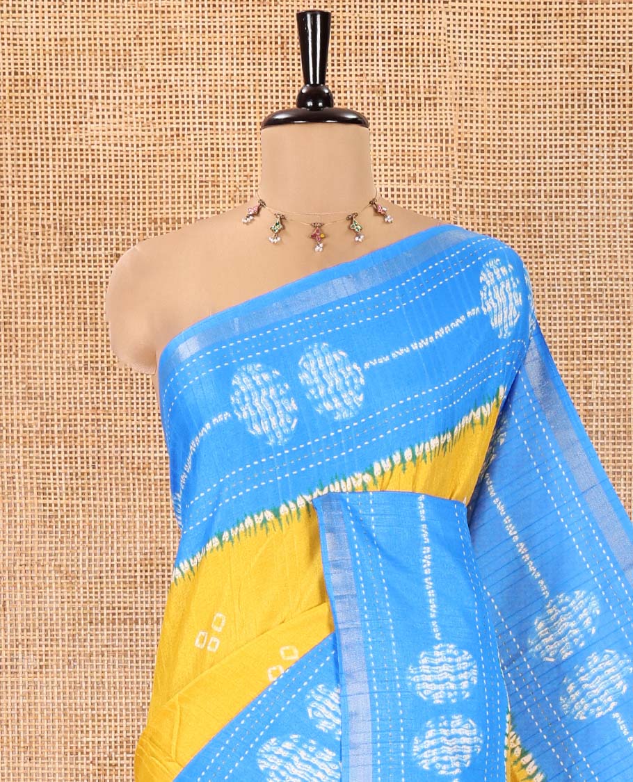 Yellow Manipuri Silk Saree, Adorned with Bandhani Buttas on Its Body, Complemented by a Contrast Border of Shibori Print and Kantha Thread Work, Pallu of Shibori Print, and Paired with a Contrast Blouse