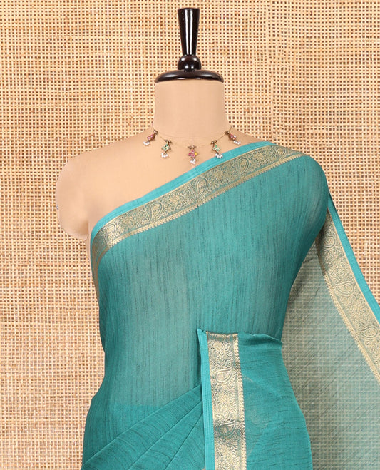 Rama Plain Moss Chiffon Saree, Highlighted by a Zari Border of Paisley Designs, a Self-Pallu, and Has No Blouse