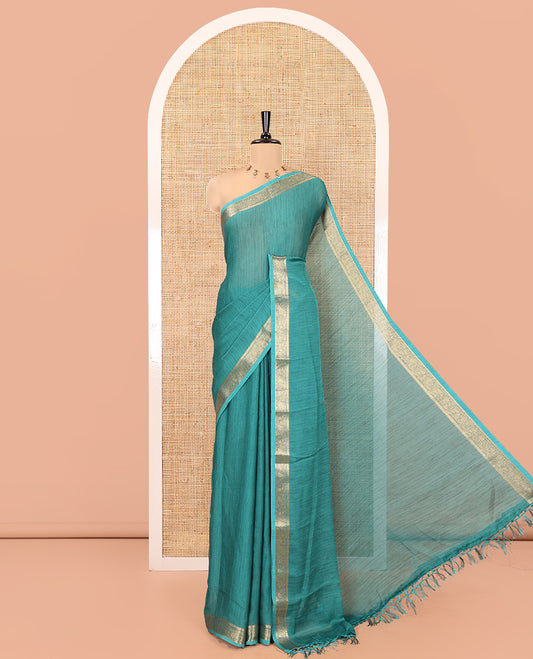 Rama Plain Moss Chiffon Saree, Highlighted by a Zari Border of Paisley Designs, a Self-Pallu, and Has No Blouse