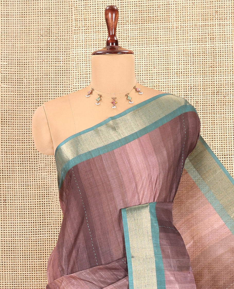 Dusky Lavender Striped Art Tussar Saree, a Contrast Zari Border, Floral Printed Pallu, and a Contrast Blouse