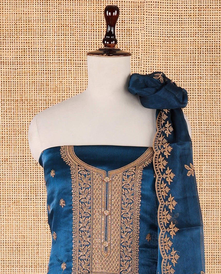 Blue chudidar material set, floral design thread embroidered Burberry top, floral-themed embroidered Burberry dupatta & plain Santoon bottom