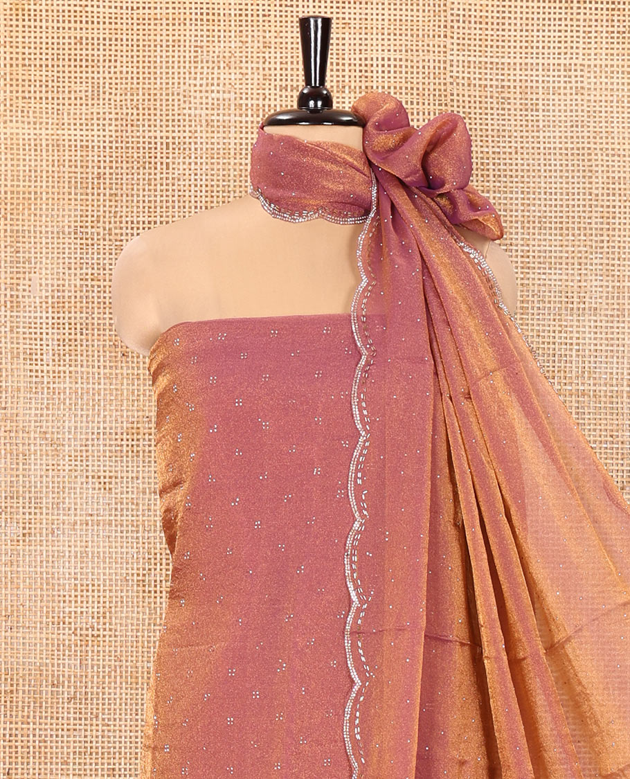 Pink Moss Organza Material Churidar Set, Gleamed Up with Swarovski Stone Work-Style Floral Top, Comes with a Plain Santoon Bottom, and Is Paired with Swarovski Stone Work Moss Organza Dupatta
