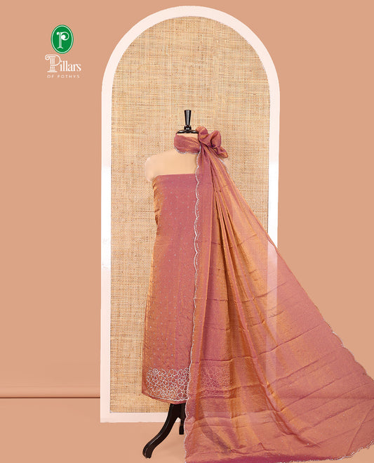 Pink Moss Organza Material Churidar Set, Gleamed Up with Swarovski Stone Work-Style Floral Top, Comes with a Plain Santoon Bottom, and Is Paired with Swarovski Stone Work Moss Organza Dupatta