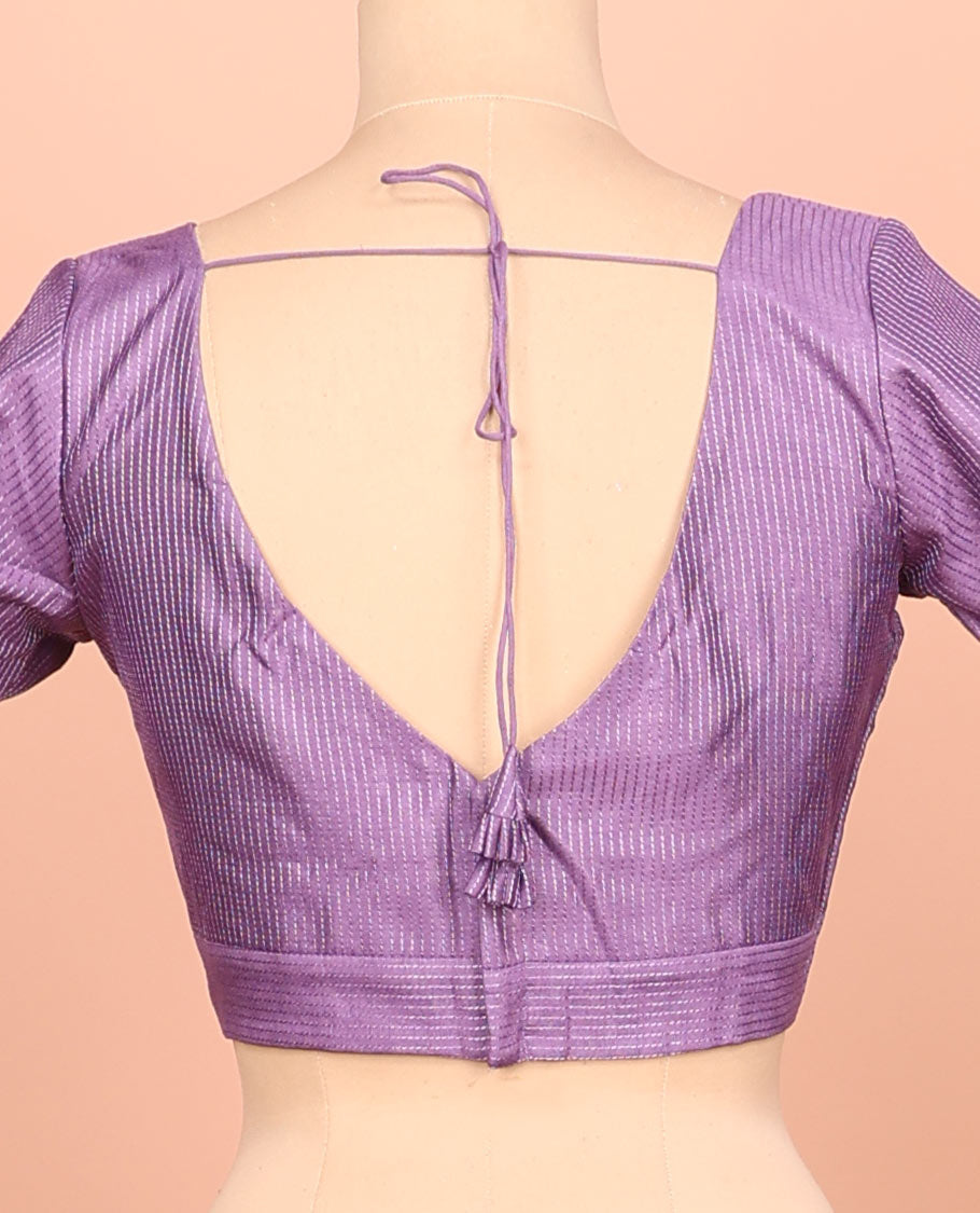Purple thread work front-back leaf-neck elbow sleeve readymade blouse