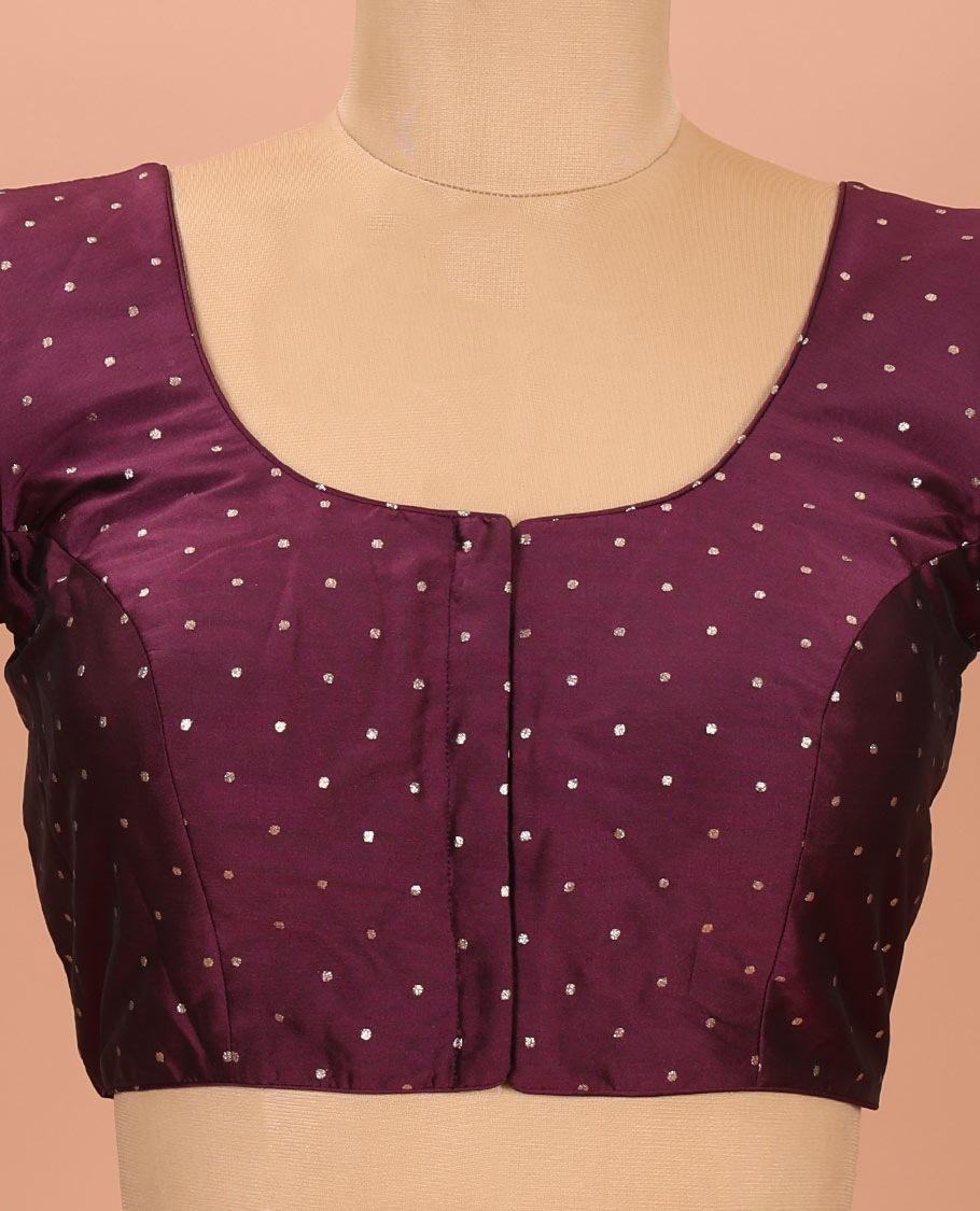 Purple Readymade Blouse Steeped with Buttas, Featuring Front Round Neck, Back Round Neck, and Elbow Sleeves