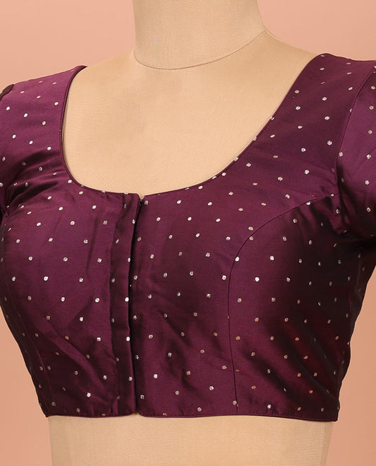Purple Readymade Blouse Steeped with Buttas, Featuring Front Round Neck, Back Round Neck, and Elbow Sleeves