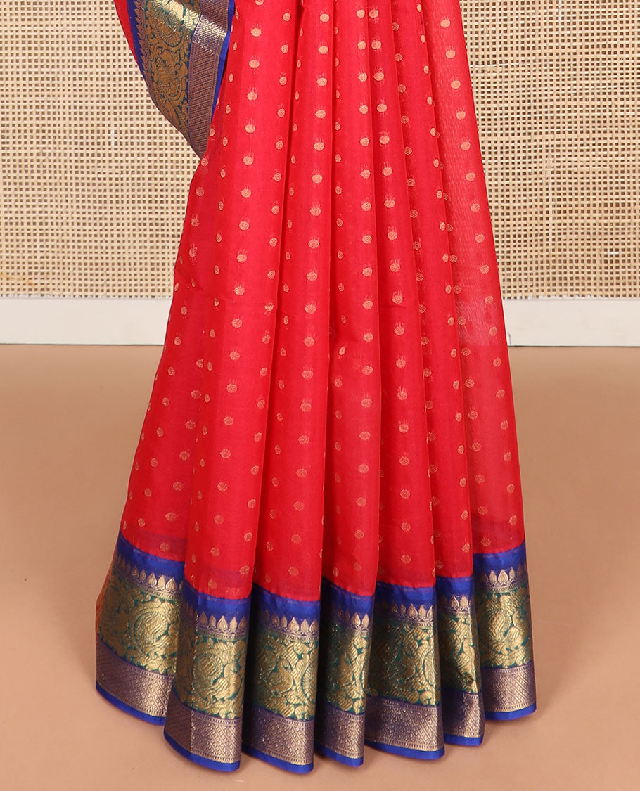 Red floral motifs silk cotton saree with contrast zari design border & floral design pallu