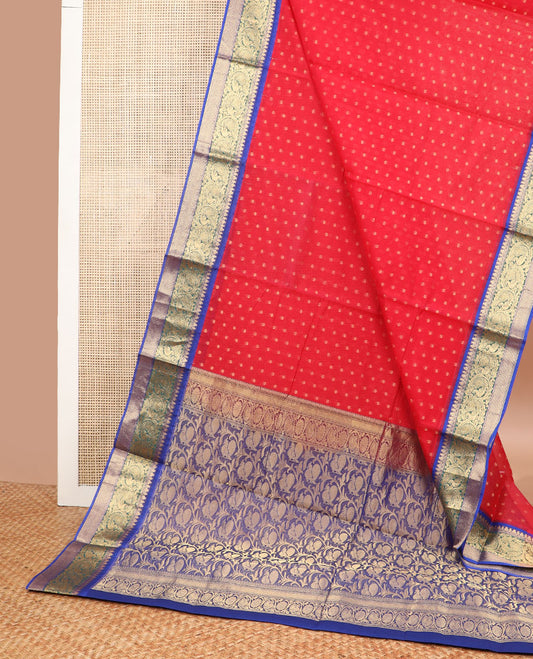Red floral motifs silk cotton saree with contrast zari design border & floral design pallu