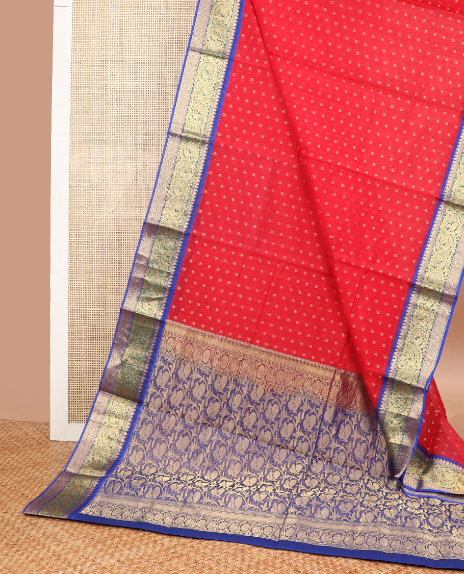 Red floral motifs silk cotton saree with contrast zari design border & floral design pallu